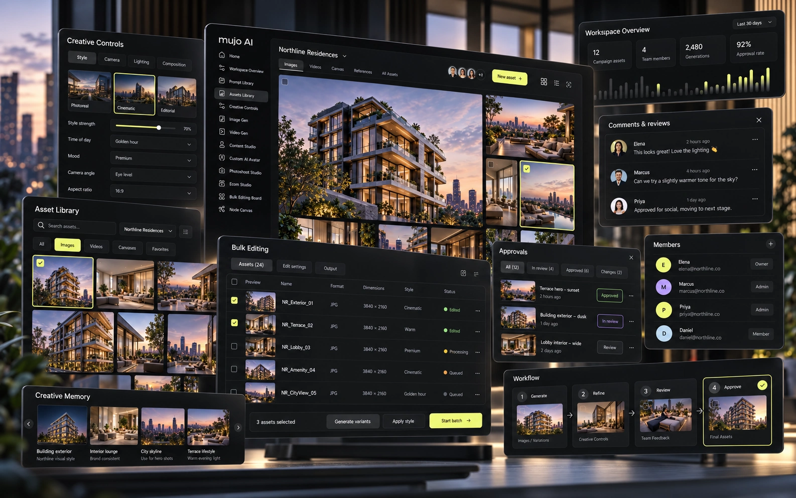 Anonymized Mujo production workspace with connected assets, controls, bulk production and review.