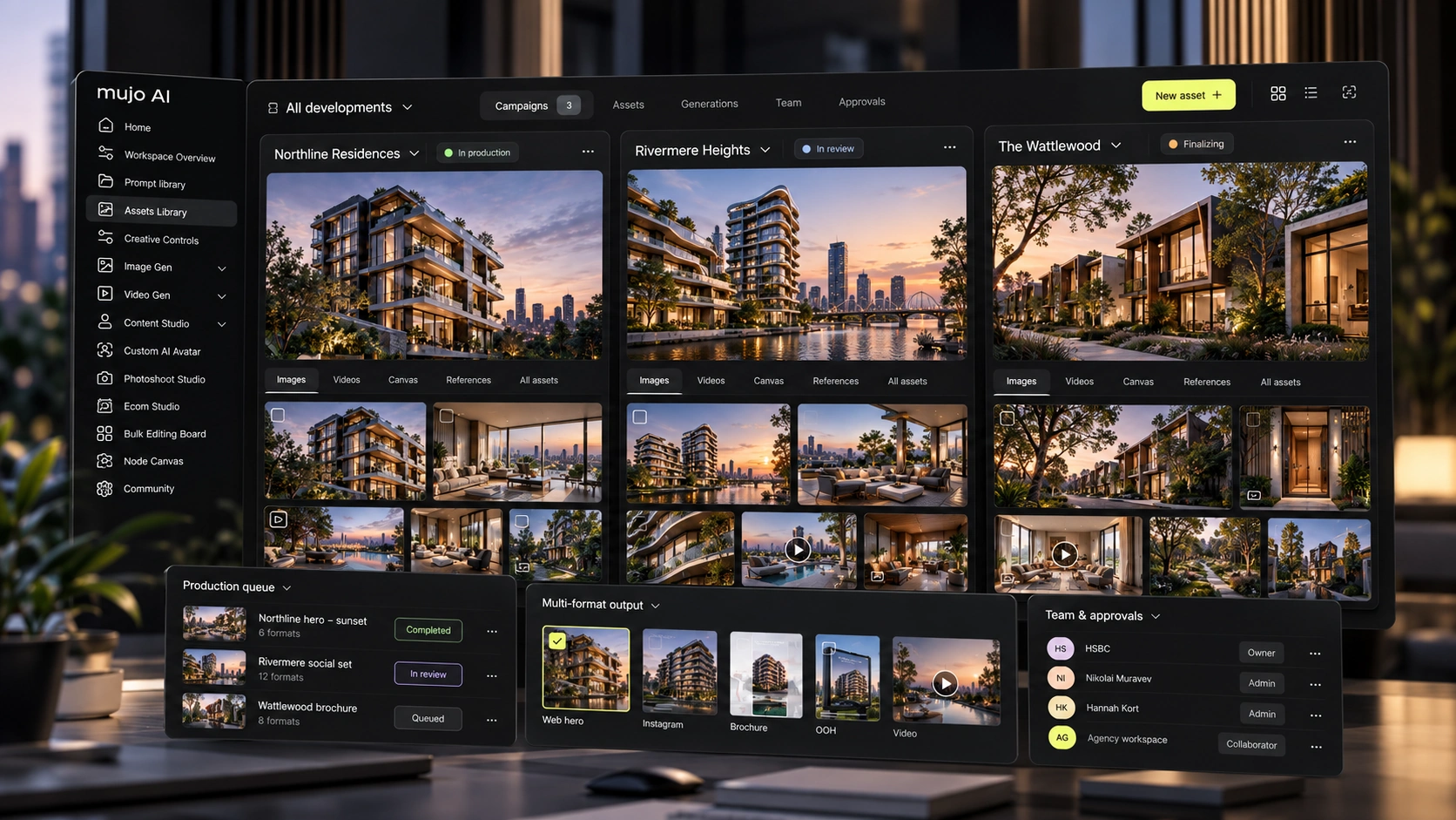 Illustrative production across several fictional property campaigns and output formats.