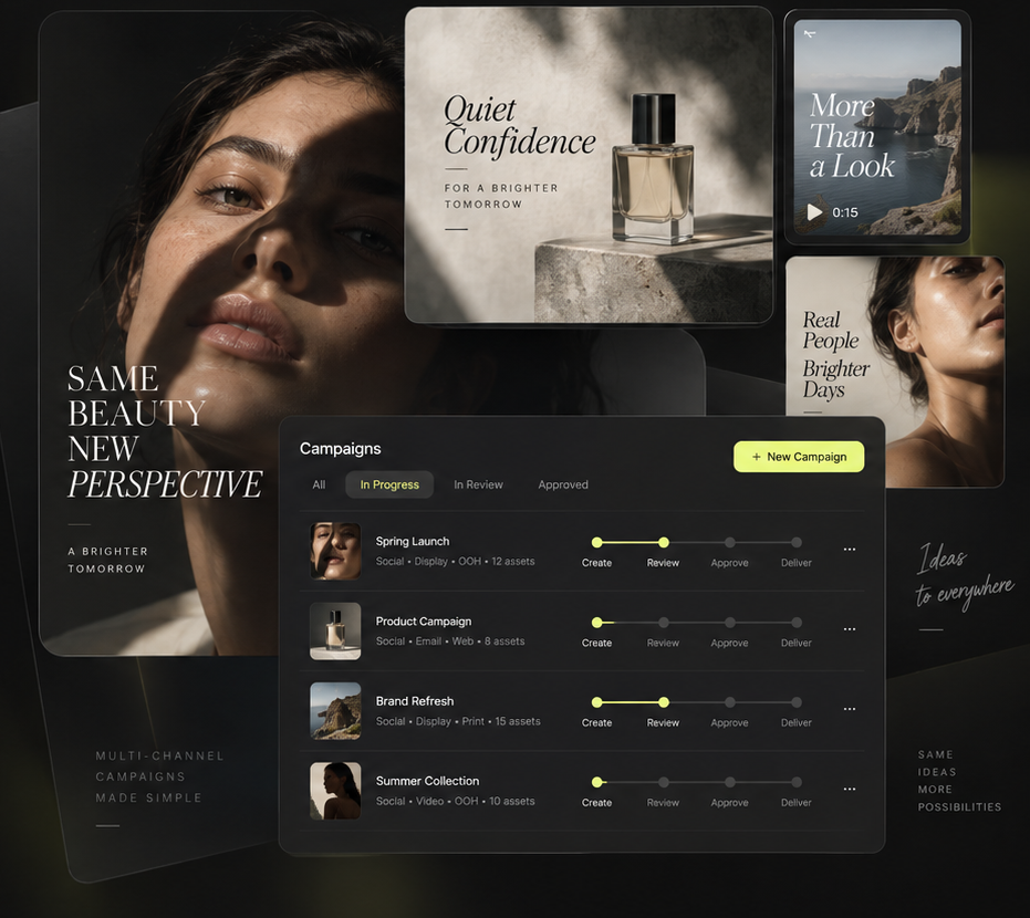 Mujo AI campaign workspace with in-progress client campaigns and brand visuals