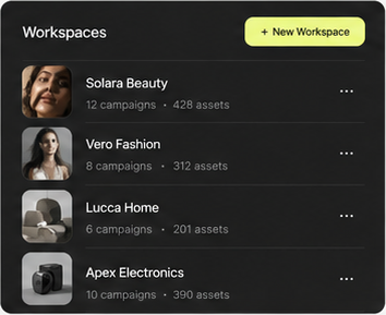 Workspaces list with client campaigns and asset counts
