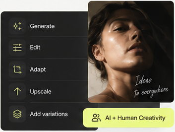 Production menu with generate, edit, adapt, upscale and variation actions