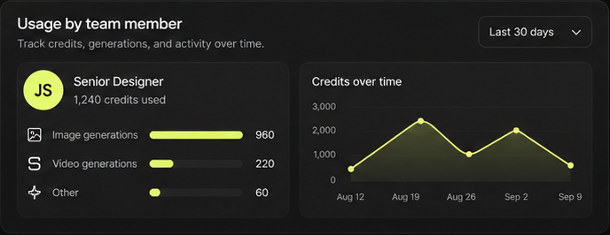 Usage dashboard showing images generated, controls reused, assets downloaded and active members