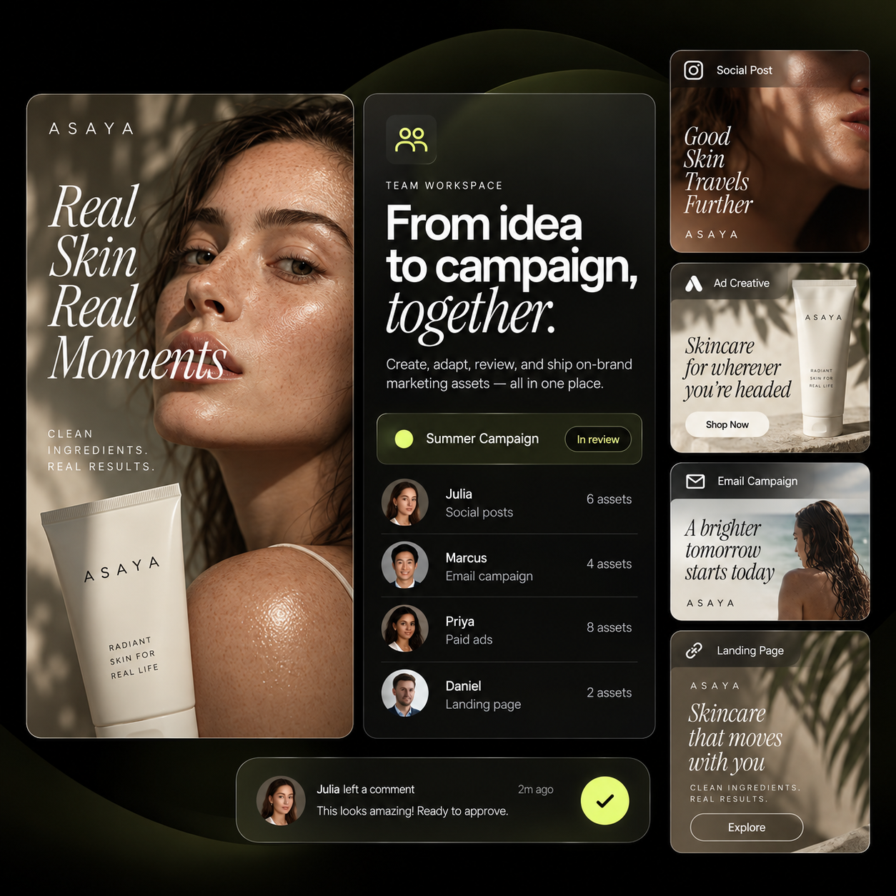 A team workspace with campaign assets, social posts and creatives in review