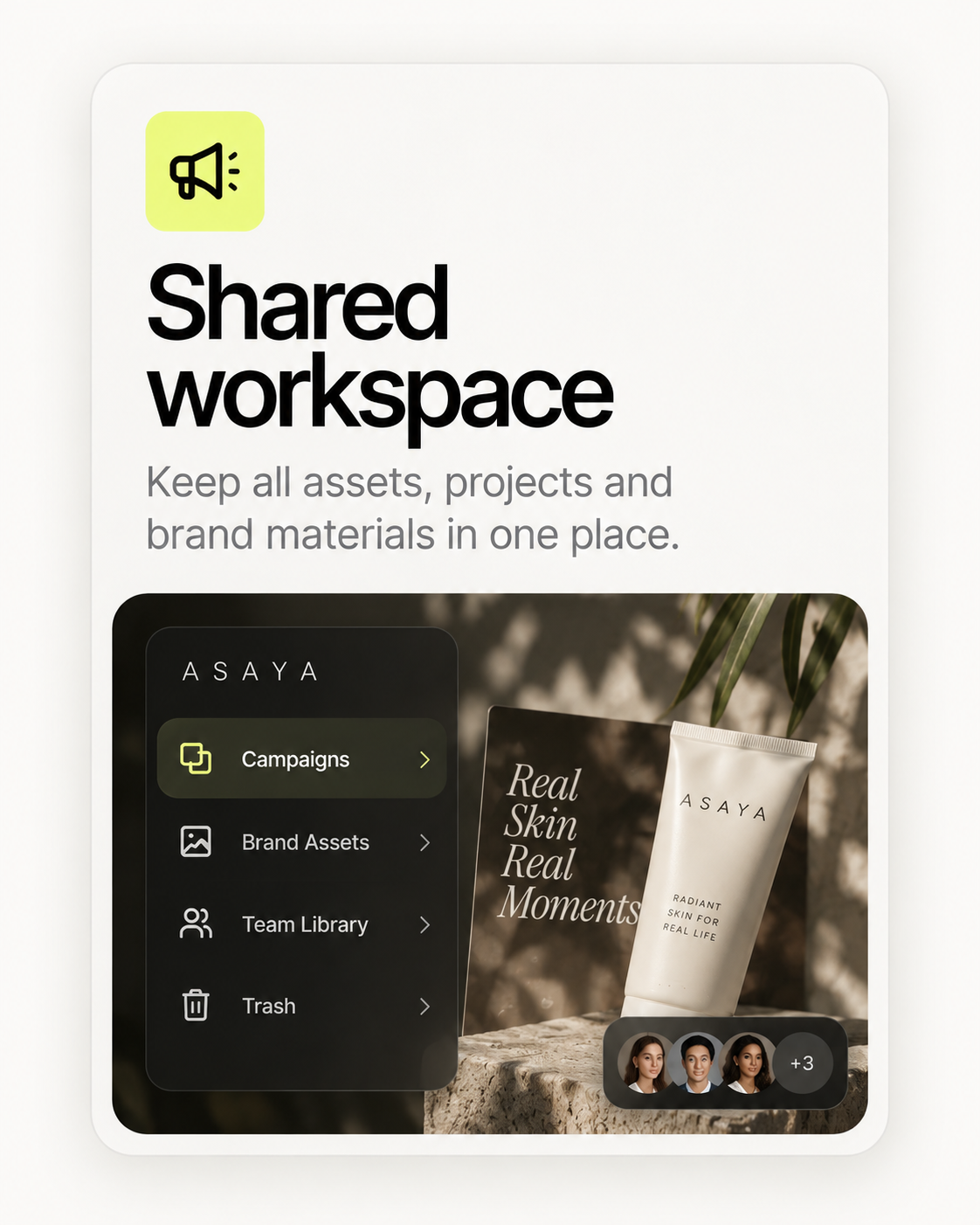 A workspace library holding campaigns, brand assets and generated output in one place
