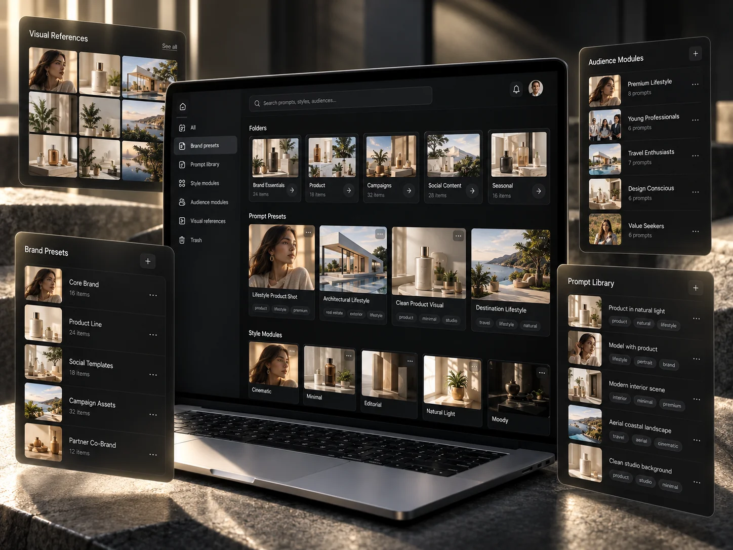 Brand assets, approved references and reusable creative controls in one place