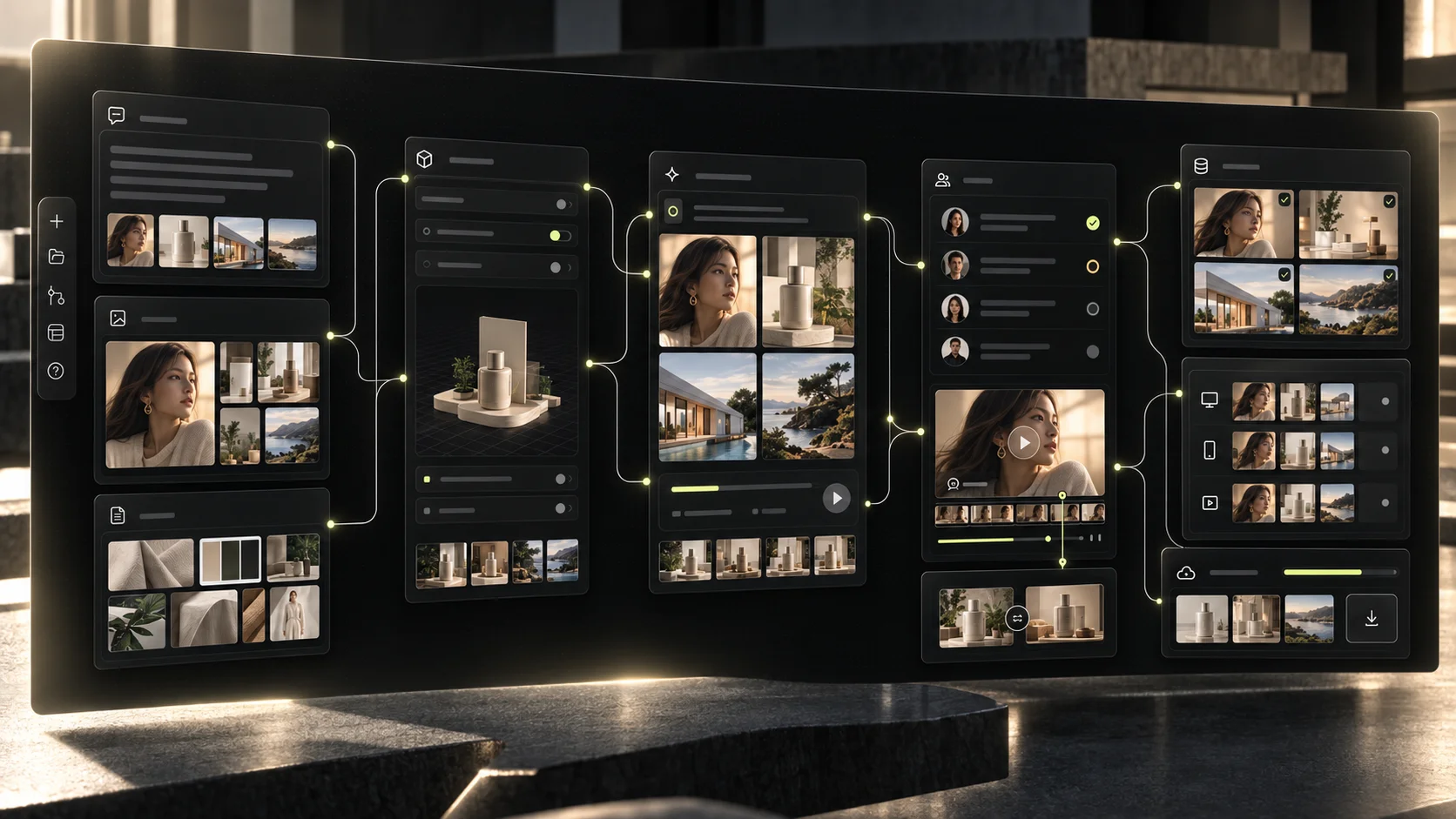 A live production workflow on the Mujo Node Canvas with scene controls