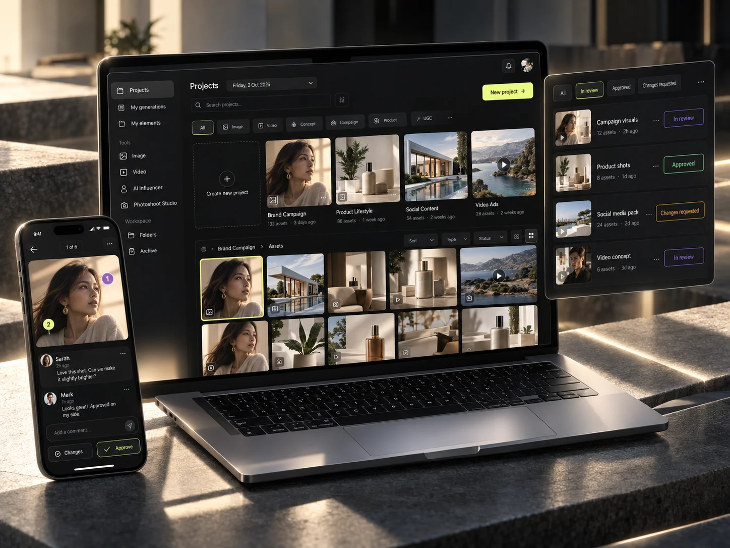 A Mujo workspace with projects, assets, reviews and team collaboration