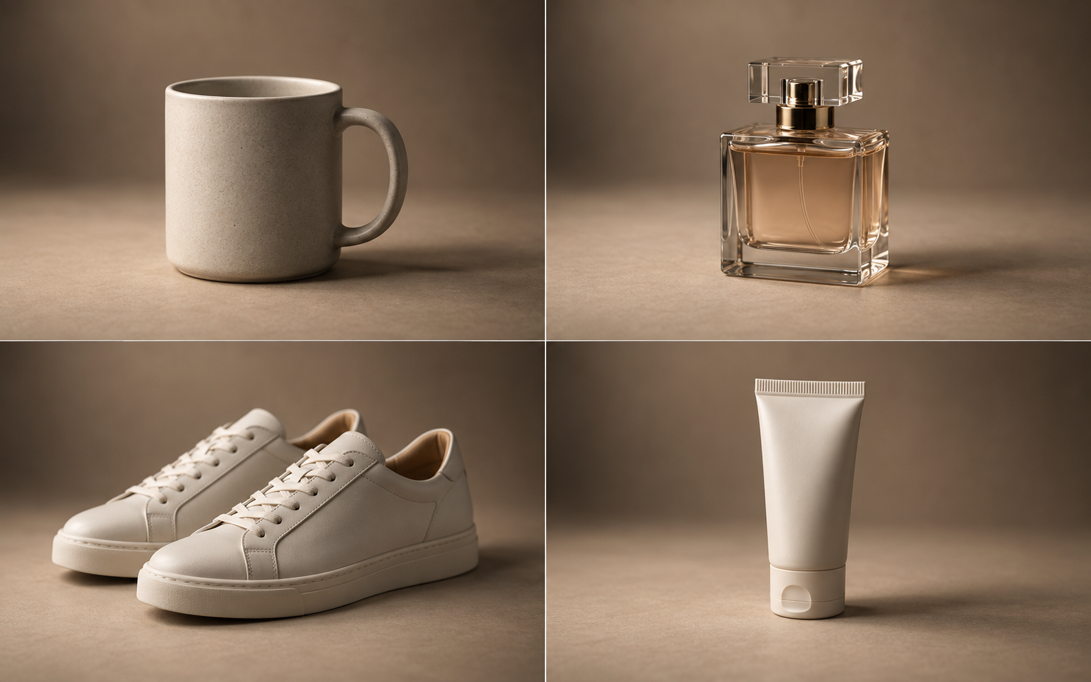 Four different products photographed with one identical camera angle, light and background