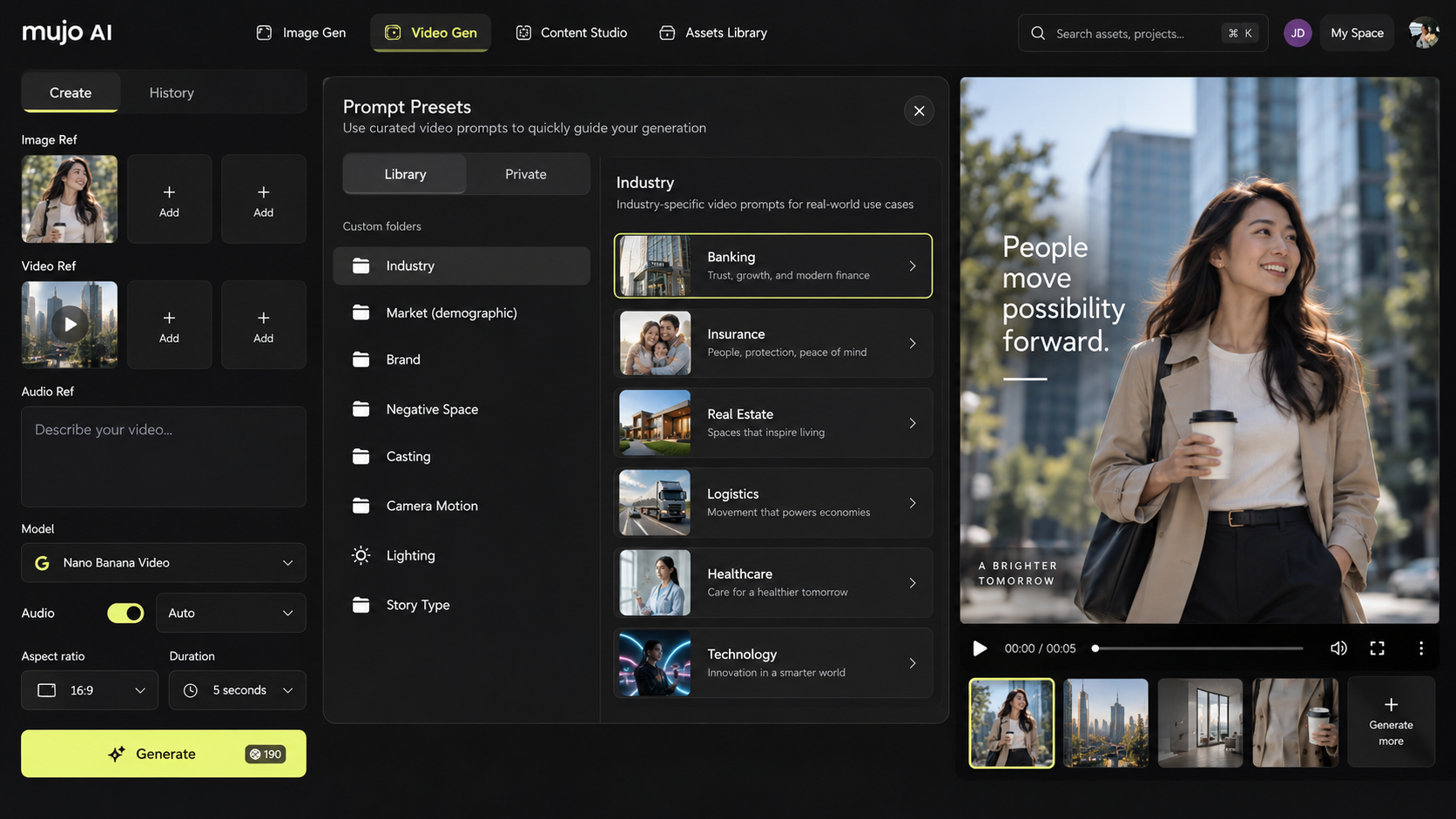 Video controls for camera movement, motion, action, lighting and style