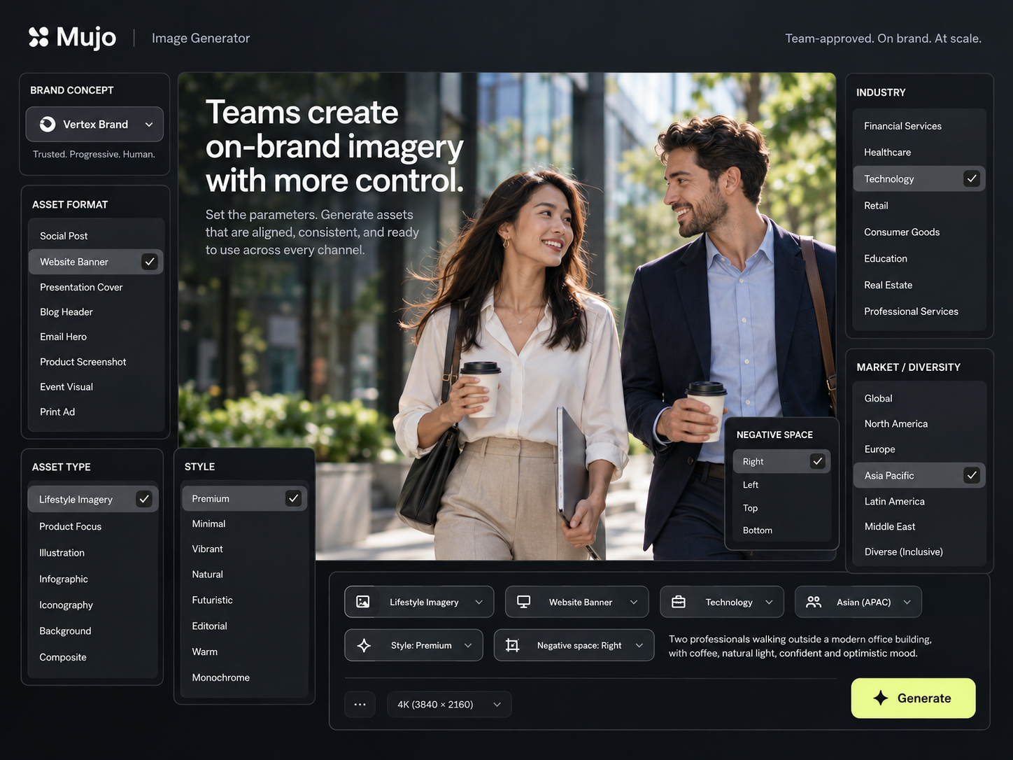 Creative controls library with categories for camera, lighting, pose, composition and style