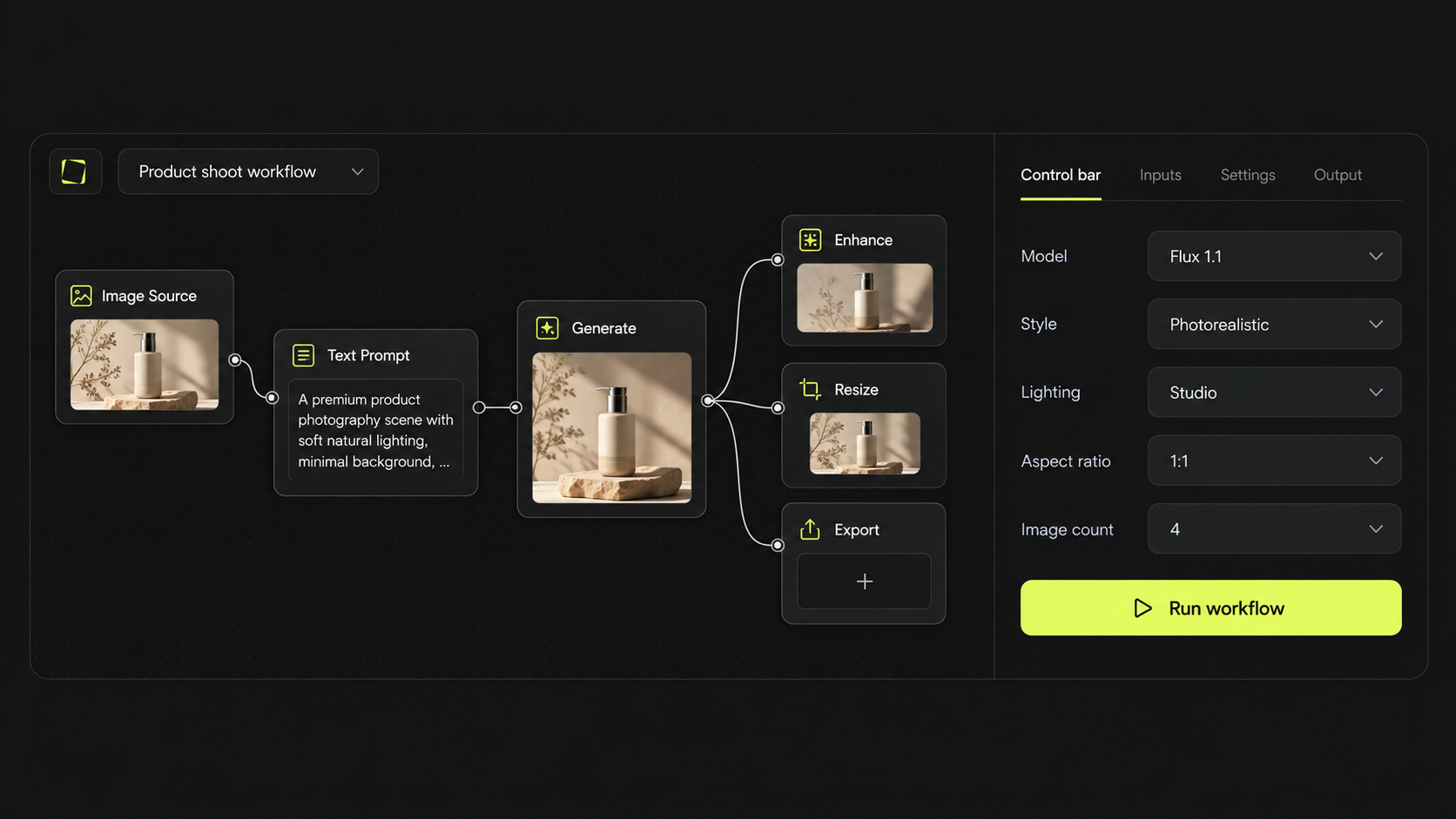 A workflow exposed to the team as a short control bar with model, style, lighting and format