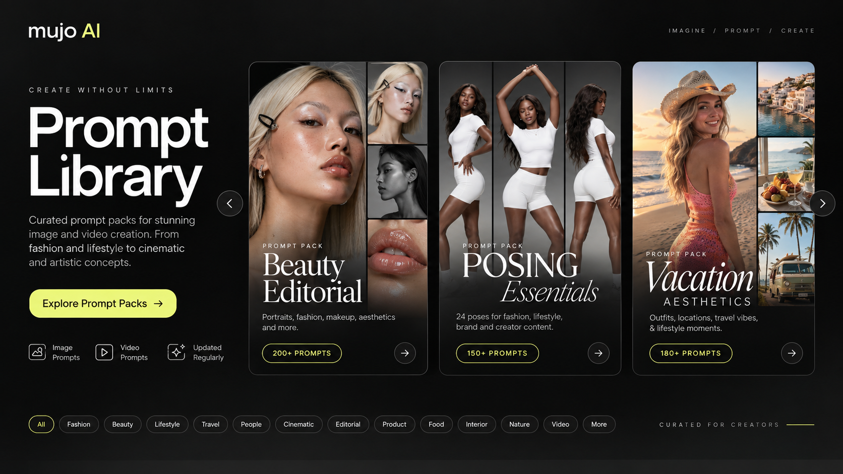 Mujo AI prompt library with category filters and a grid of image and video prompt examples