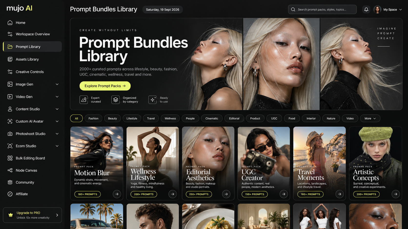 Prompt library grid with filters for images, videos, model, category, style and use case