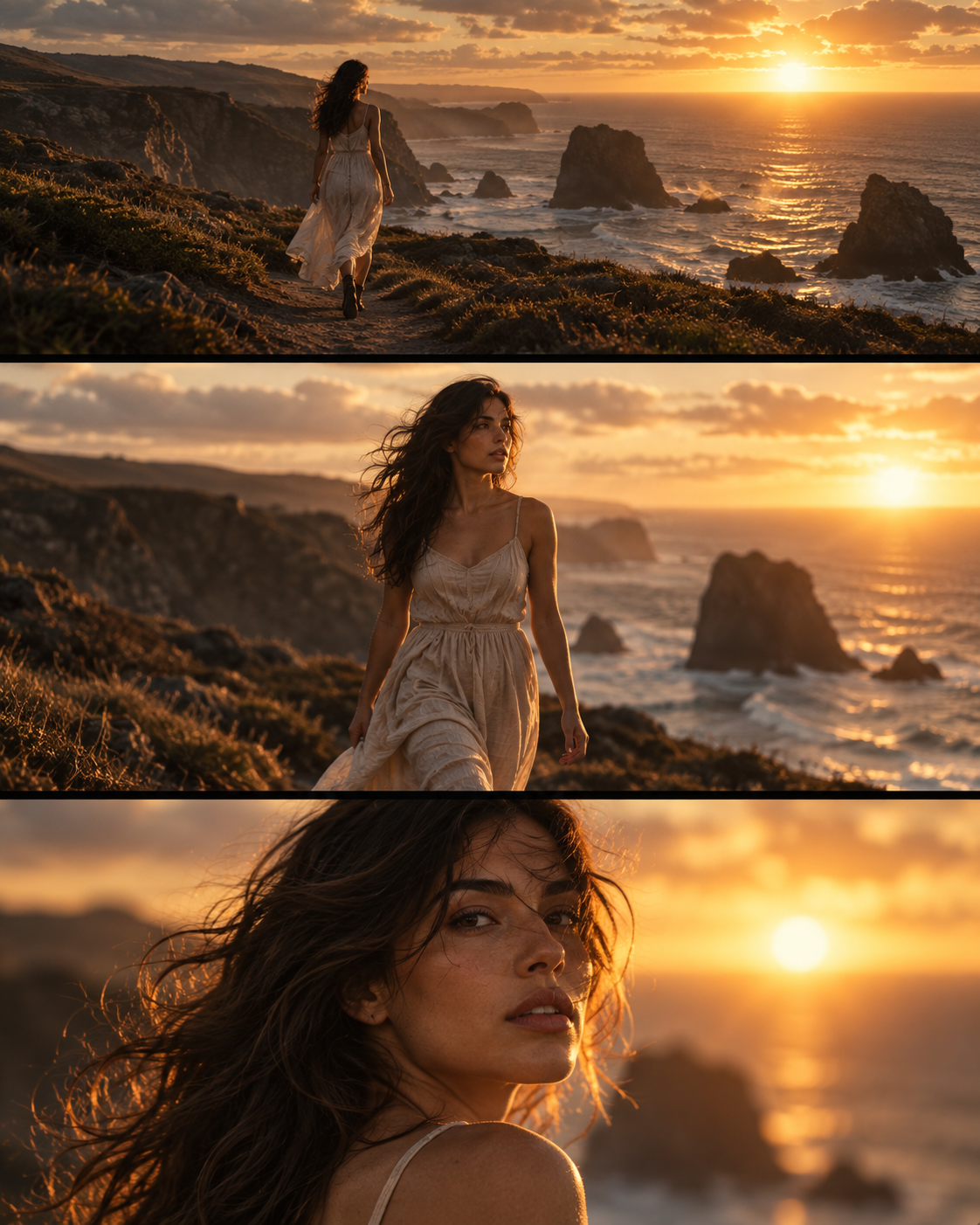 Sequence of cinematic film frames generated from one AI video prompt