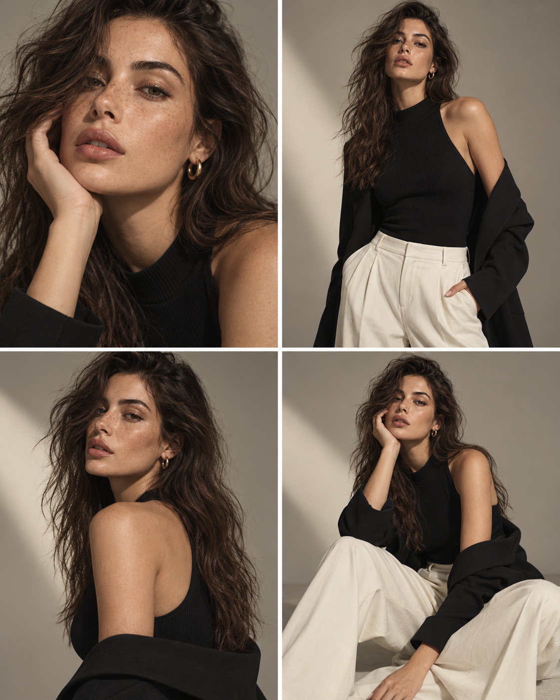 Contact sheet of fashion and portrait frames generated from one prompt pack
