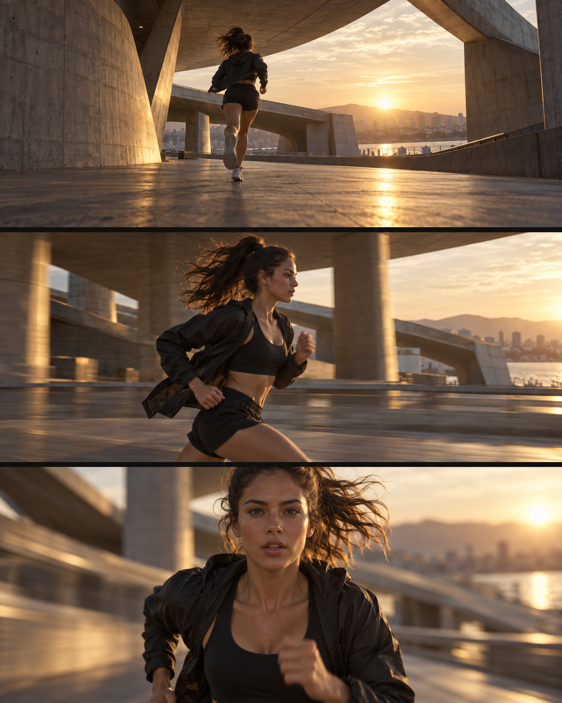 Three frames of active camera movement generated from one Kling video prompt