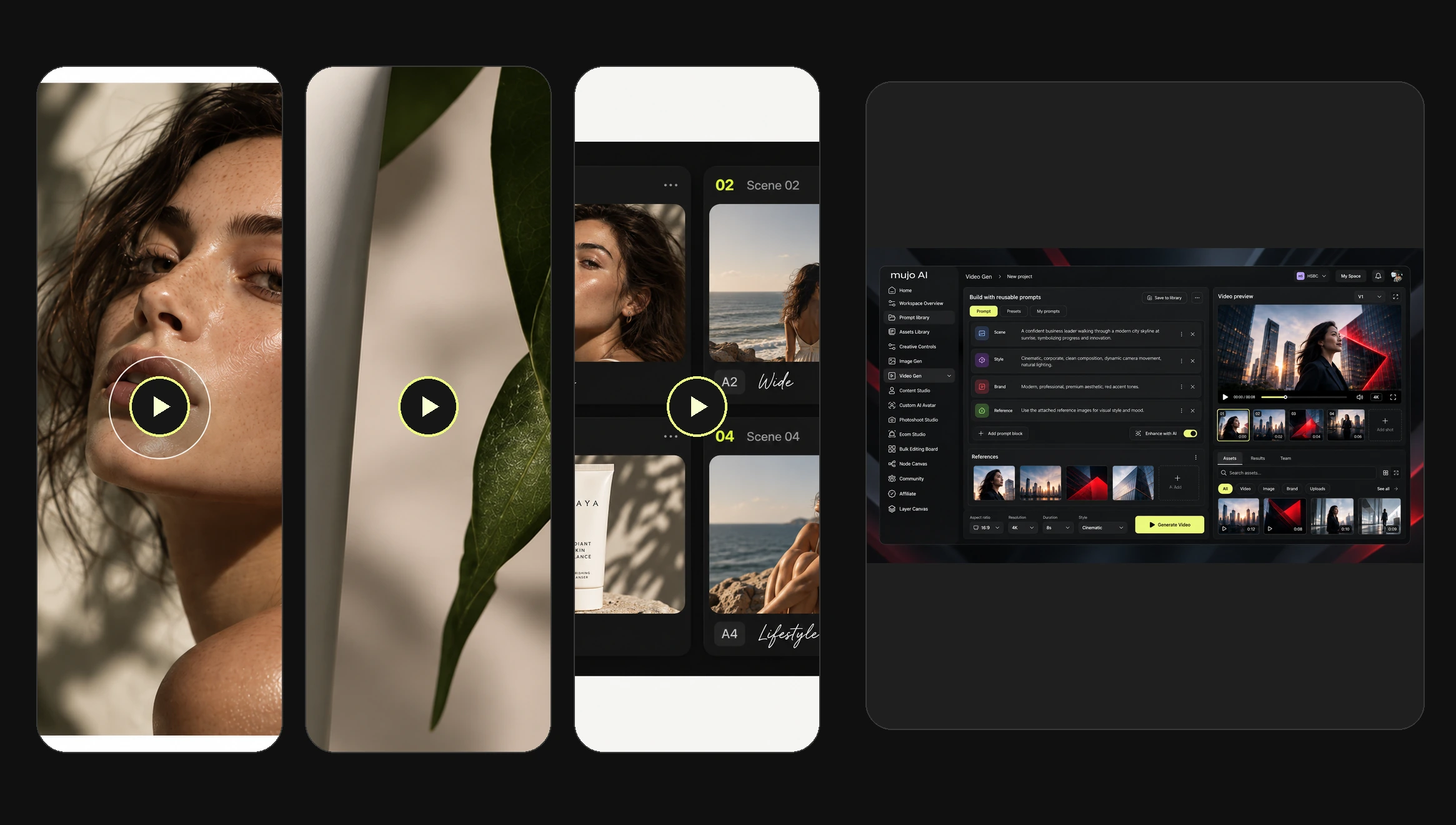 Three vertical video ad concepts alongside the Mujo video generation interface
