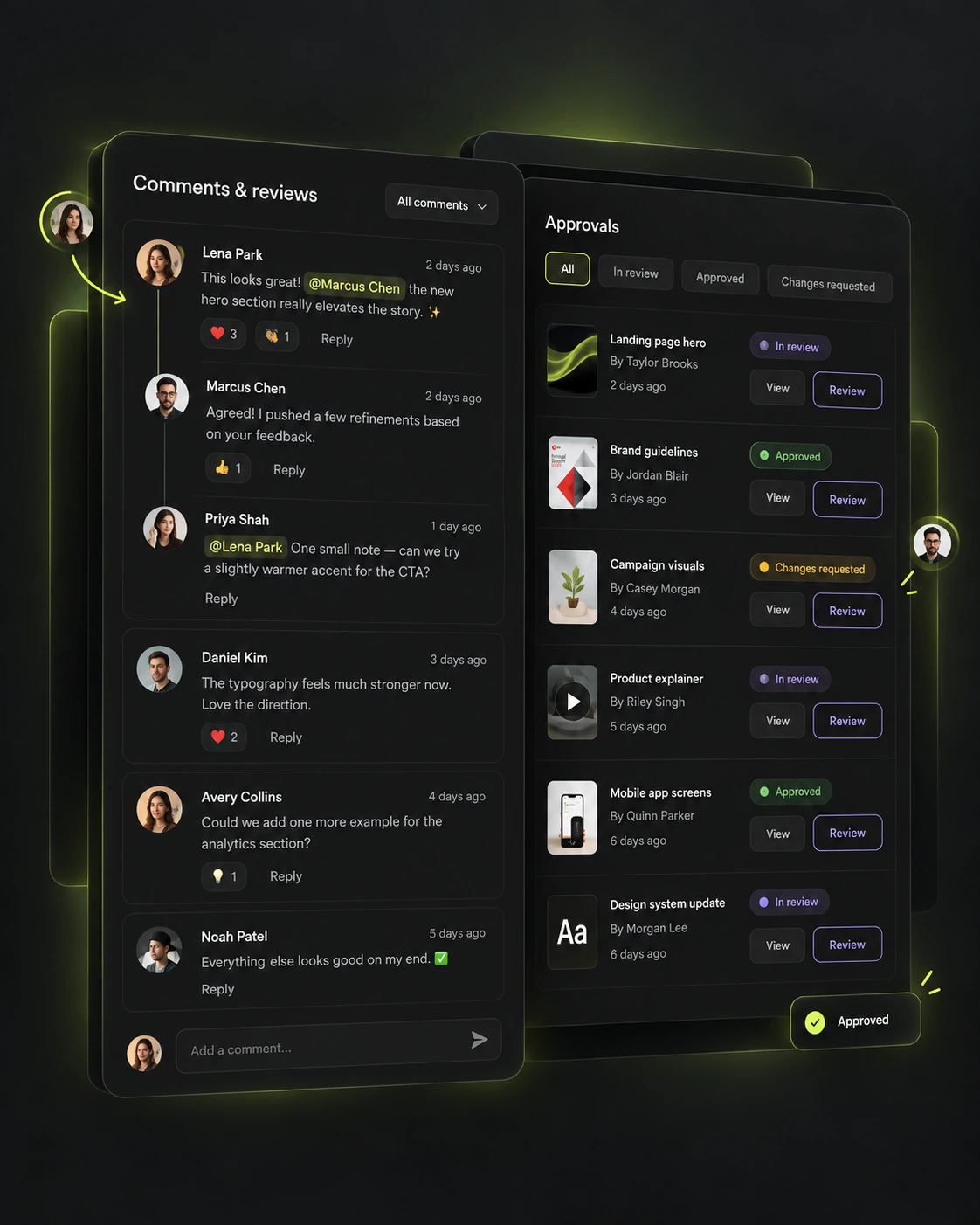 Mujo workspace with comments and approval states for creative review