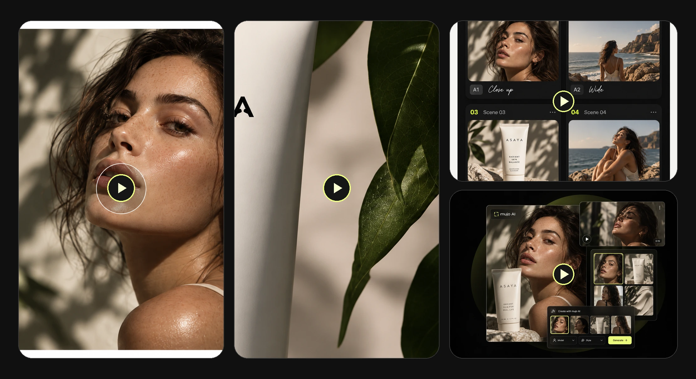 Collage of short-form social video ad concepts featuring products and creator-led scenes