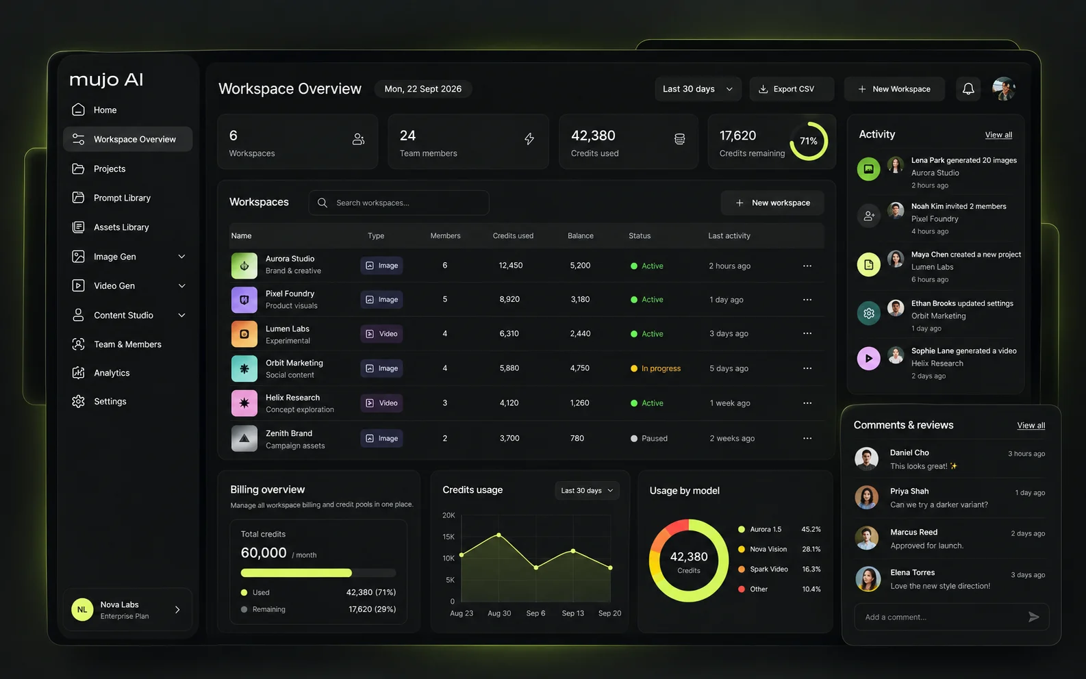 Shared workspace admin overview with members, projects and credit allocation