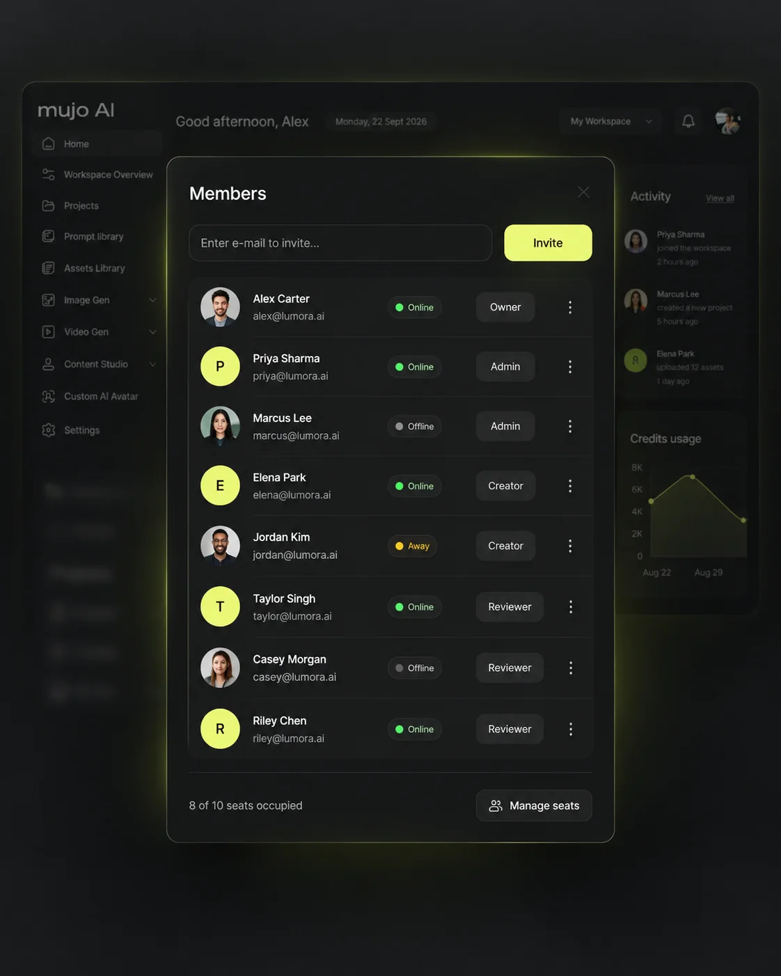 Team members list with roles, access and status