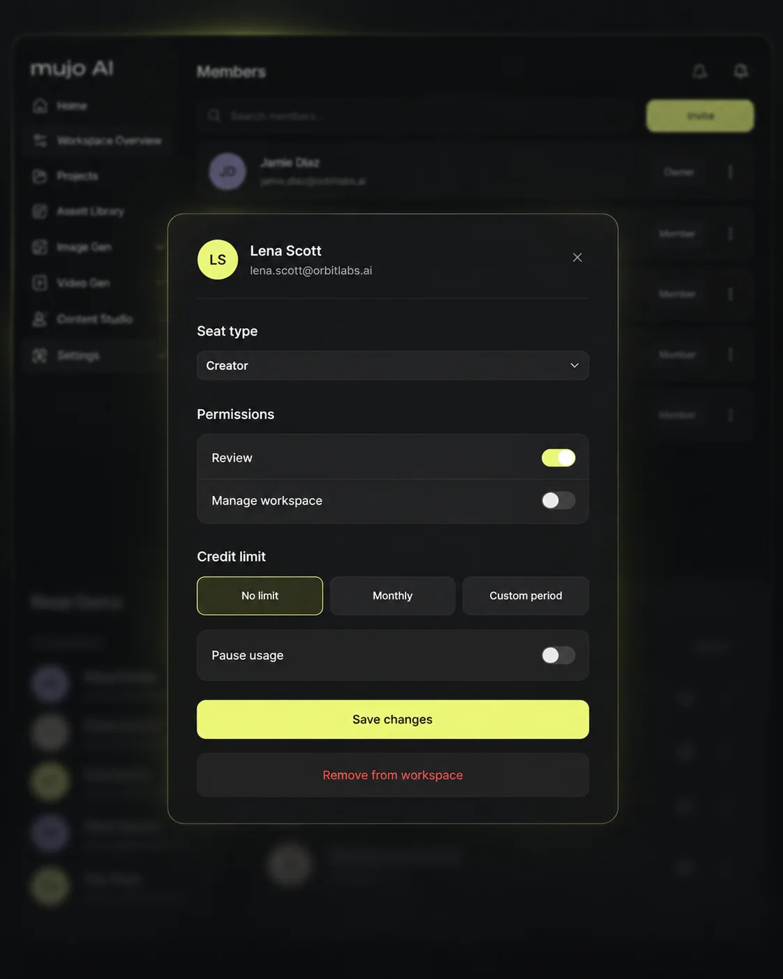 A modal setting one member's credit limit and permissions