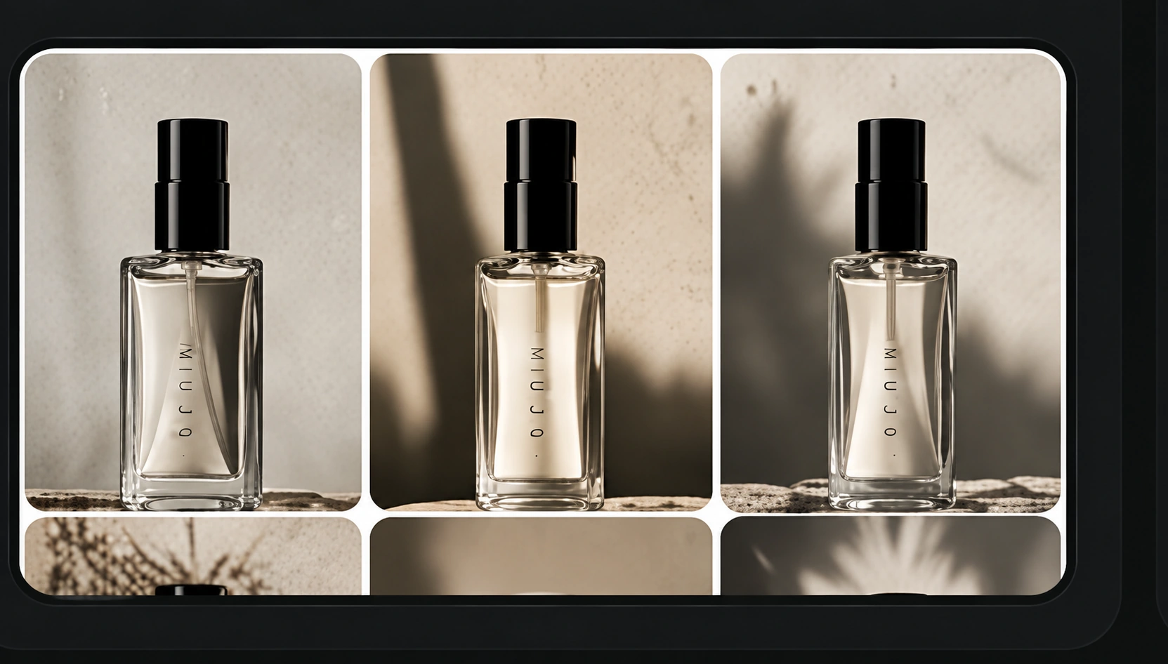 The same product rendered as three controlled variations