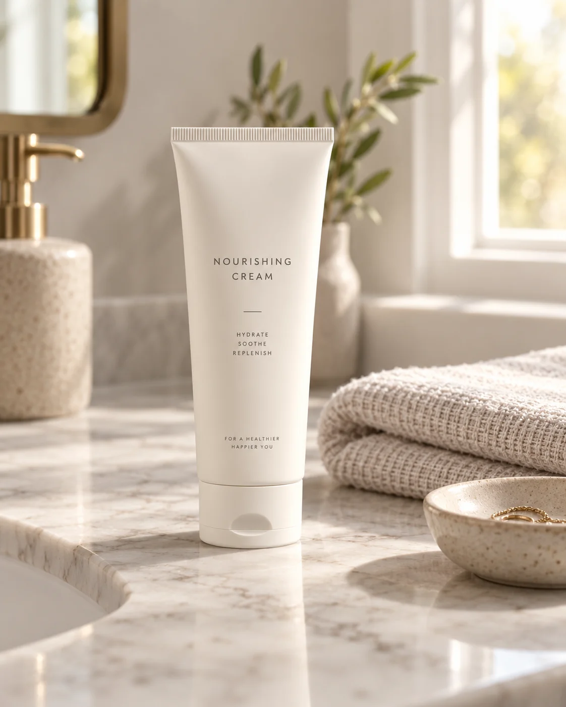 Cosmetic tube on a marble bathroom counter beside a folded towel and ceramic dish
