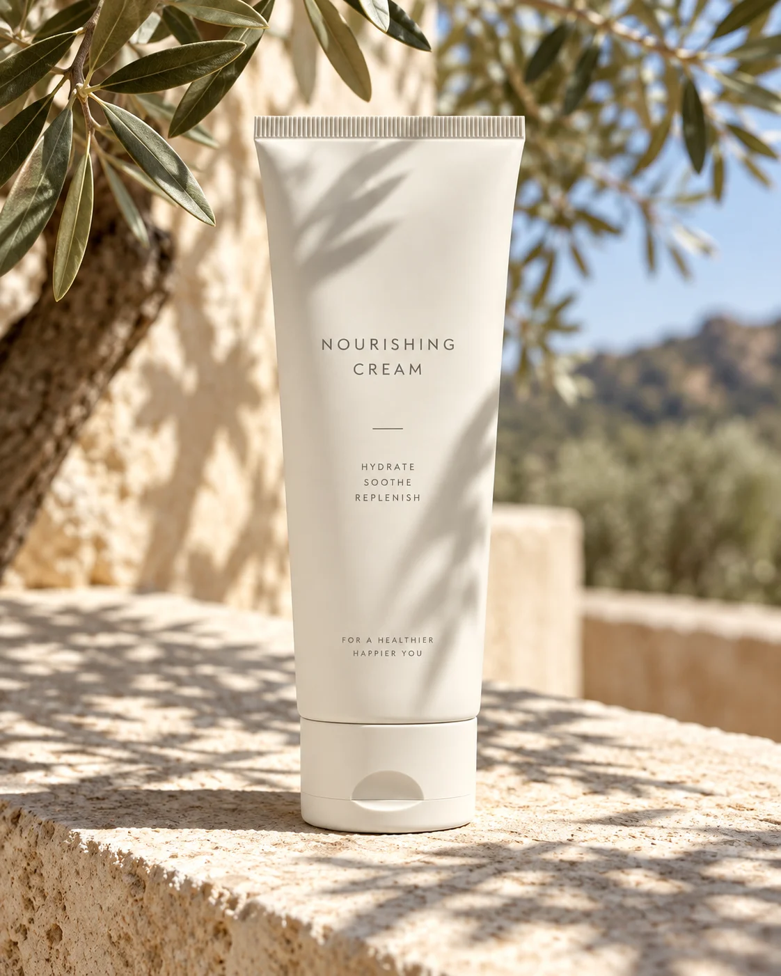 Cosmetic tube on stone in direct sunlight with olive leaf shadows across the surface