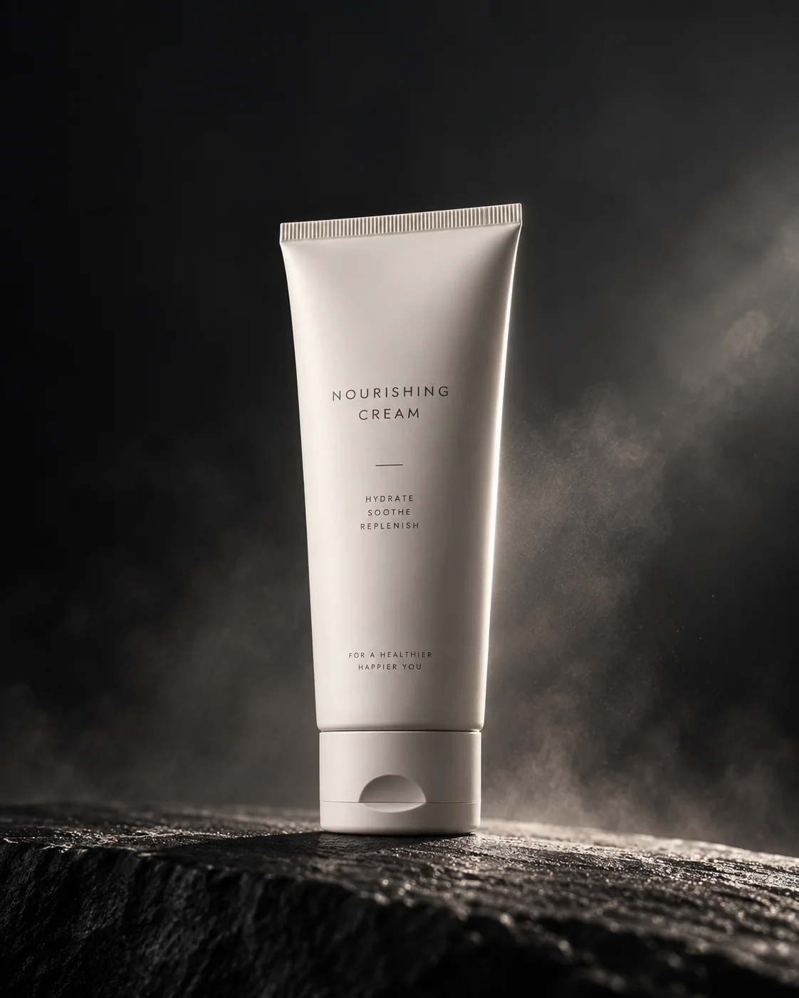 Cosmetic tube in a premium campaign shot on a dark background with dramatic lighting